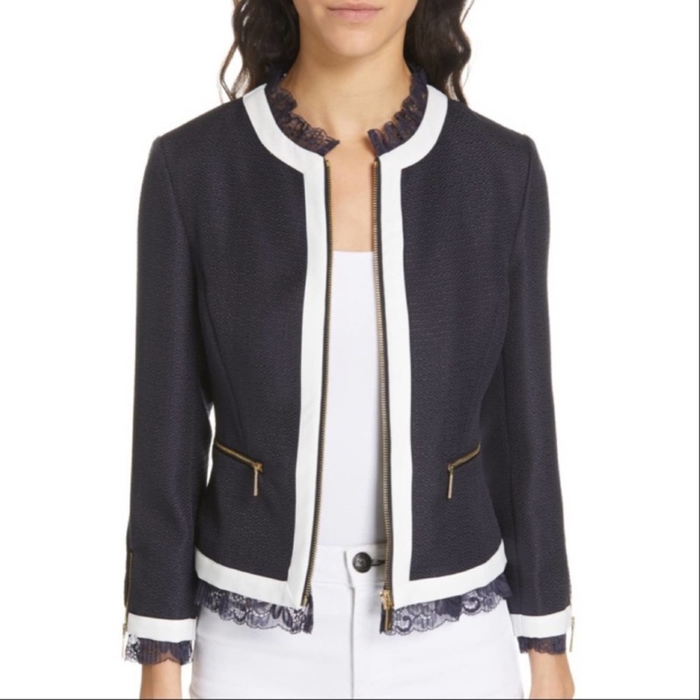 Ted Baker | Ennio Lace Trim Woven Jacket In Navy Blue Women’s Full Zip NWOT 2